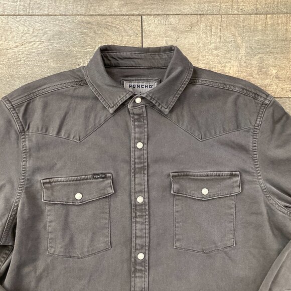 NWOT Men's Poncho Outdoors Black Denim Western Pearl Snap Shirt; Slim Fit - Picture 2 of 7
